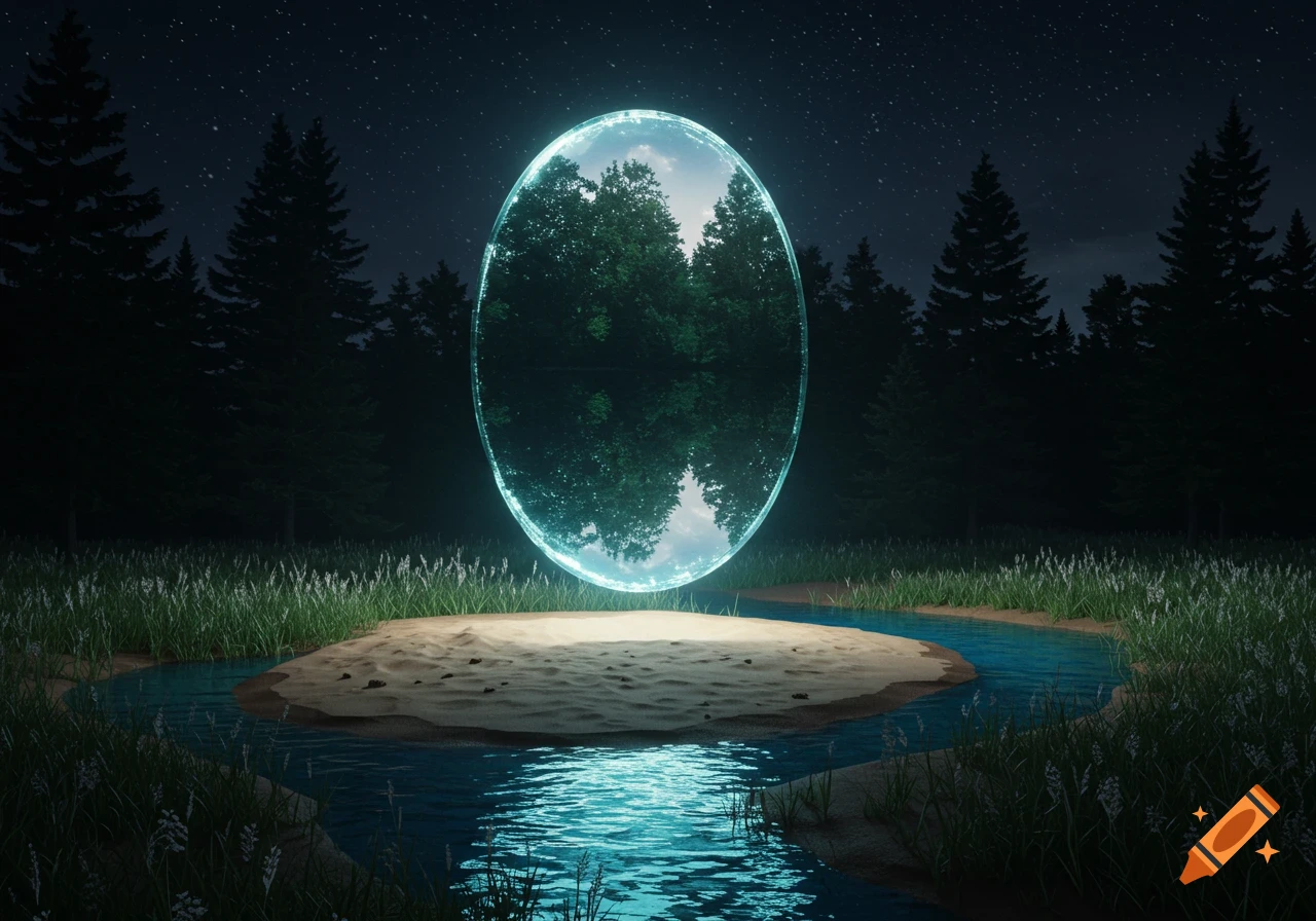 A glowing oval portal reflects a daytime forest scene over a sandy island in a stream, surrounded by dark forest at night.