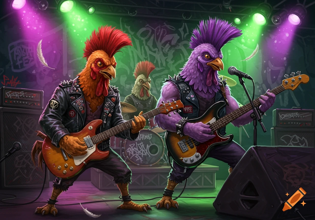 Anthropomorphic punk rock chickens with mohawks play electric guitars and bass on a stage with vibrant green and purple lighting.