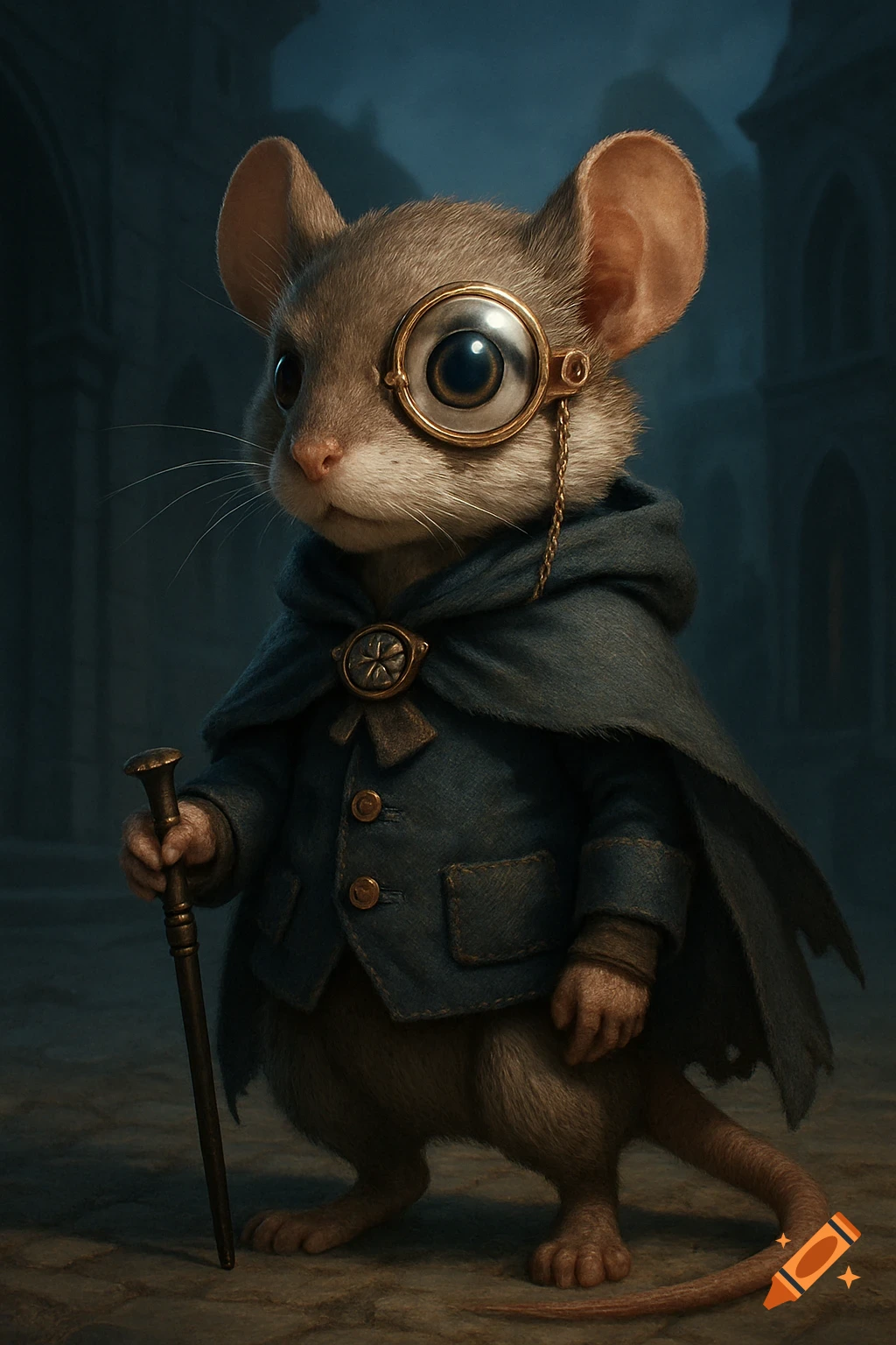 A distinguished anthropomorphic mouse wearing a blue coat and cloak, a monocle, and holding a cane in a dark setting.