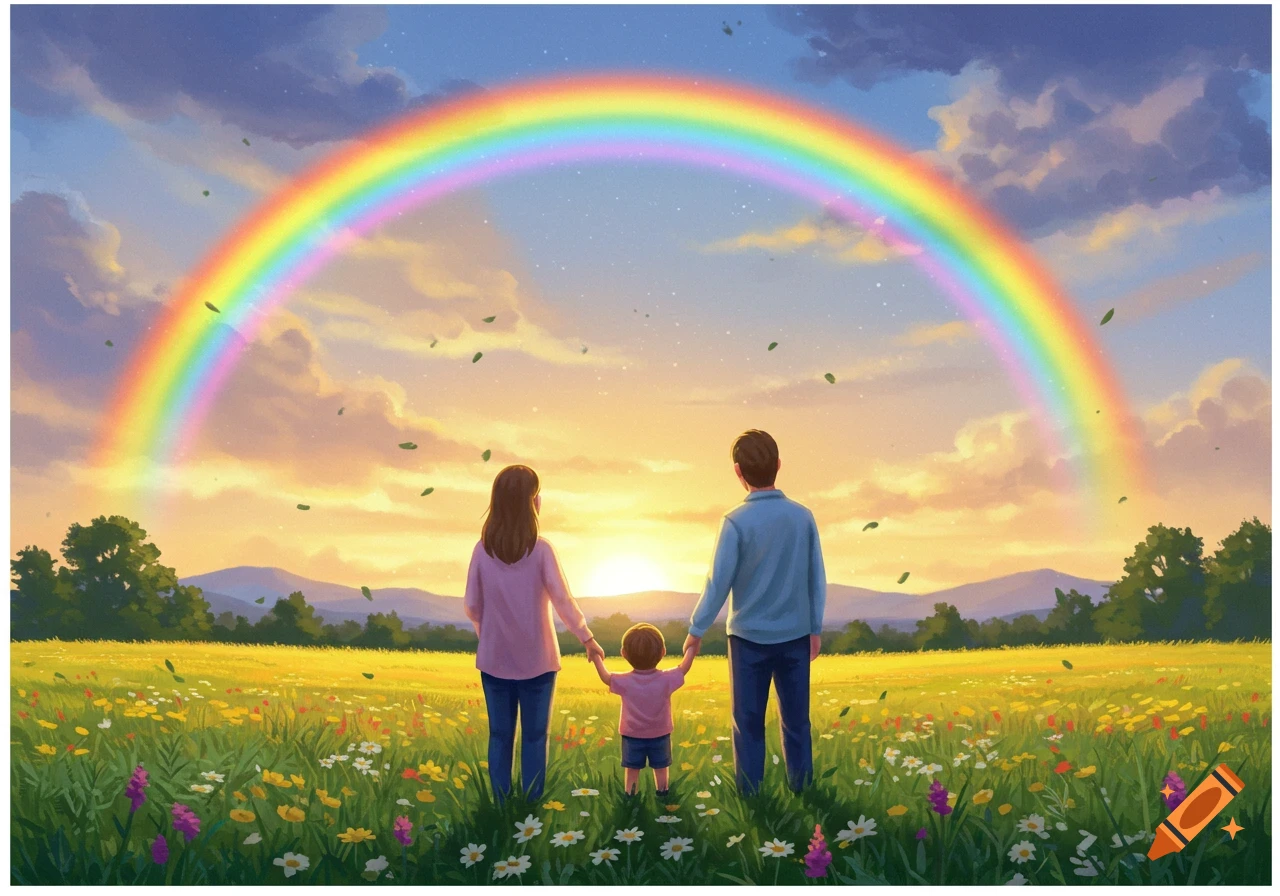 Digital illustration of a family (parents and child) standing in a vibrant wildflower field at sunset, admiring a colorful rainbow.