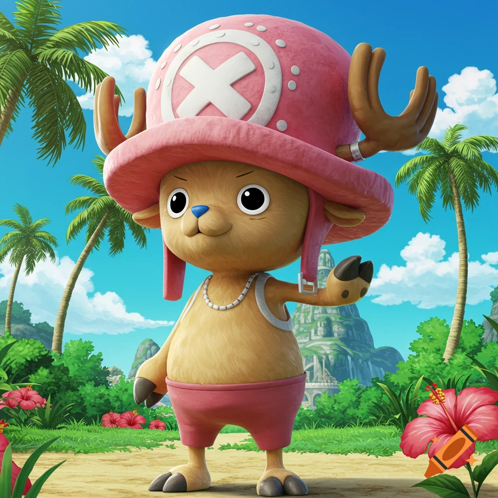 Tony Tony Chopper from One Piece, wearing his pink hat, stands on a tropical island with palm trees, waving.