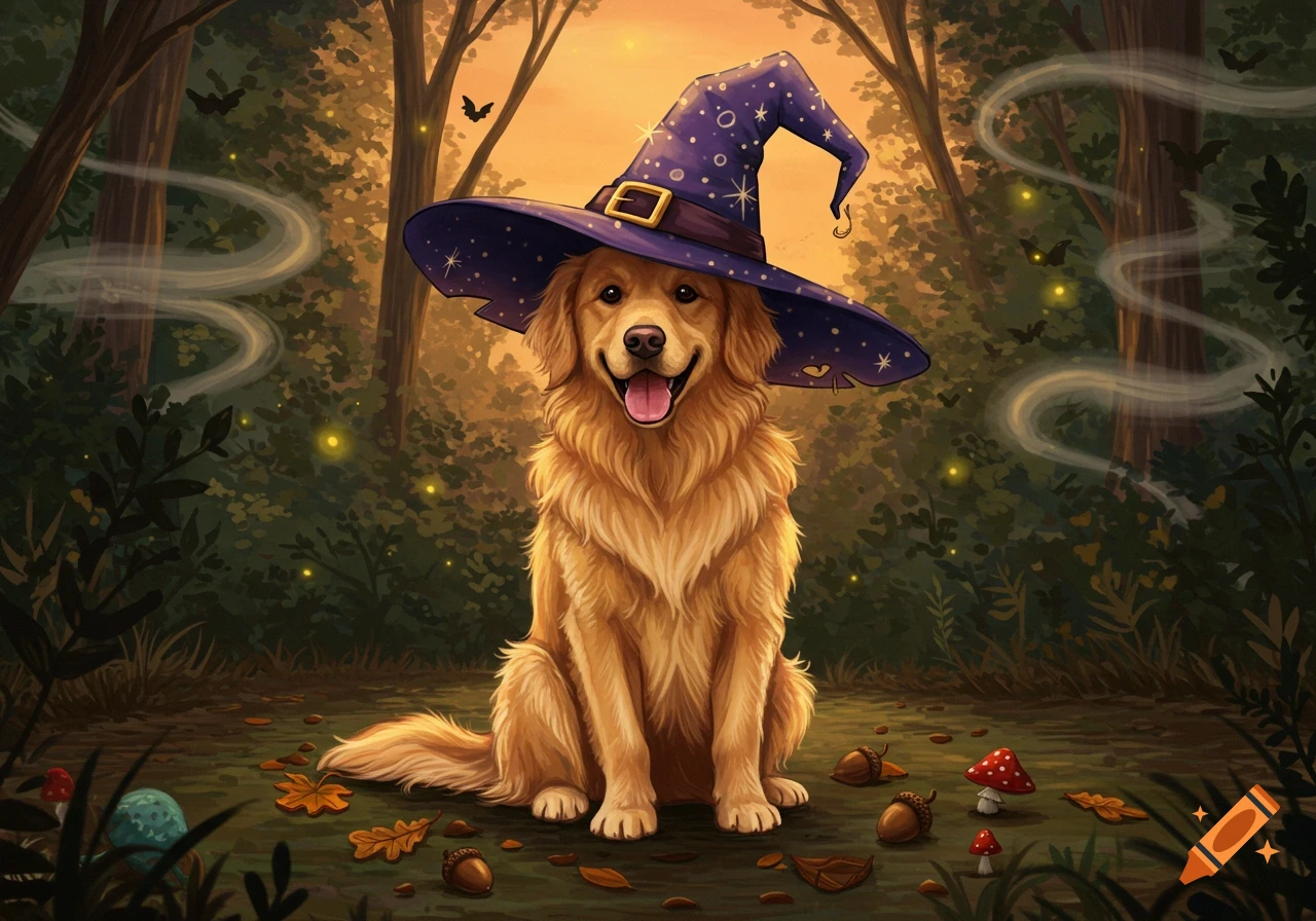 A happy golden retriever wearing a sparkly purple witch hat sits in an enchanted forest with fireflies and autumn leaves.