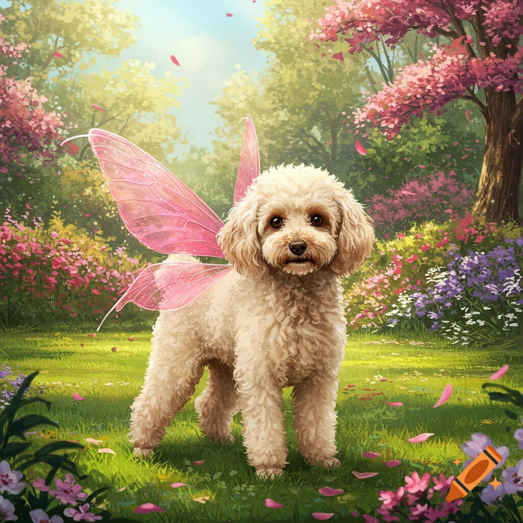 A fluffy poodle dog with pink fairy wings stands in a vibrant, flowery garden with trees and falling petals, in a painterly style.