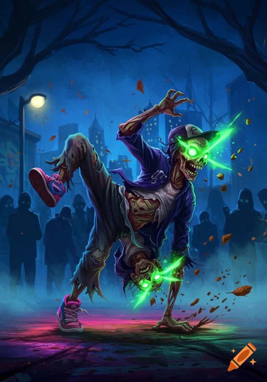 A stylized breakdancing zombie with glowing green eyes and torn clothes in a dark urban setting with silhouetted figures.