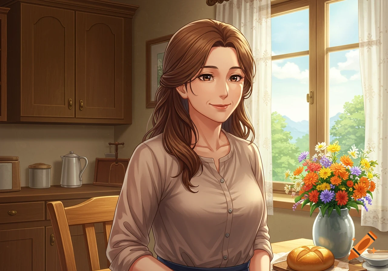 Anime style portrait of a smiling brown-haired woman in a kitchen, with flowers and bread on a table near a sunny window.
