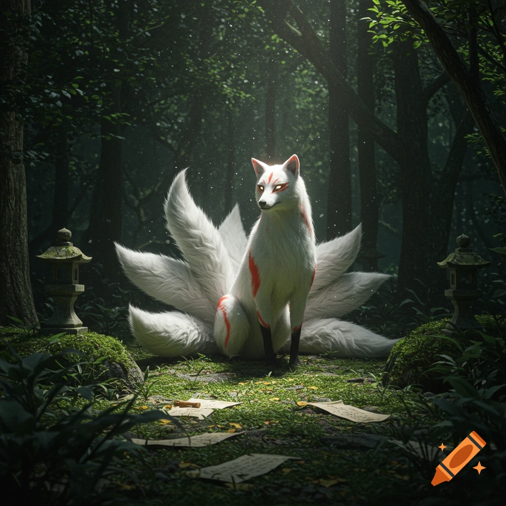 A white nine-tailed kitsune with glowing eyes and red markings sits in a dark, lush Japanese forest with stone lanterns and papers.