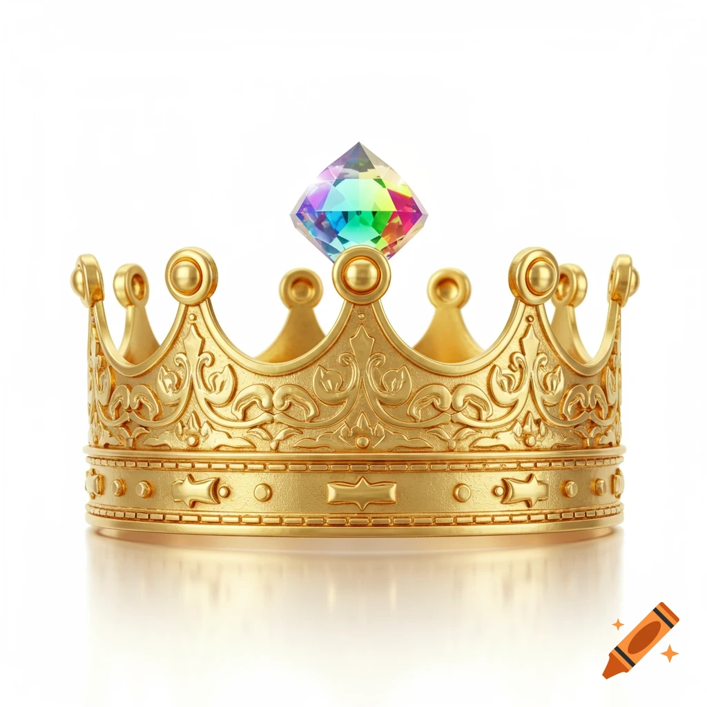 A shiny gold crown adorned with a colorful rainbow gem on a white background.