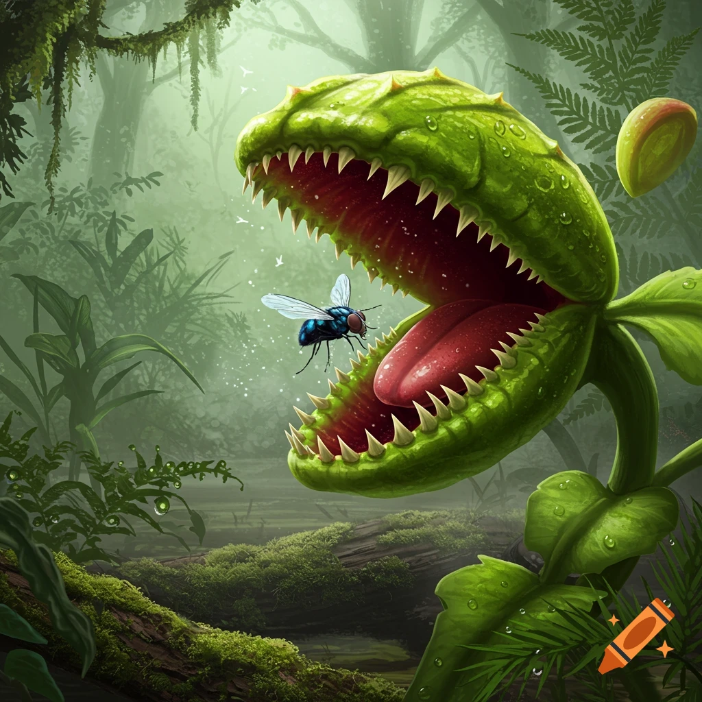 A vibrant green, stylized Venus flytrap with sharp teeth and a red tongue is poised to snap shut on a blue fly in a misty jungle.