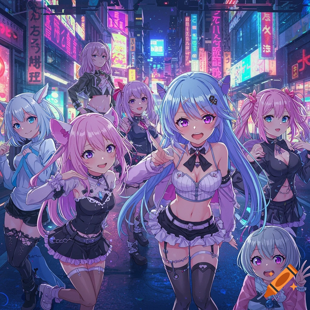 Multiple anime girls with colorful hair and outfits posing on a neon-lit cyberpunk street at night.