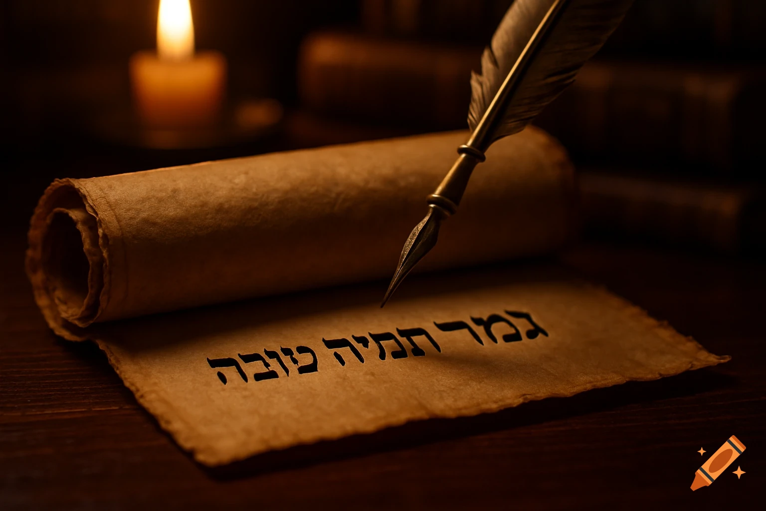 Vintage brass quill pen hovering over an ancient parchment scroll with Hebrew text 'גמר חתימה טובה', illuminated by a candle on a dark wooden surface.