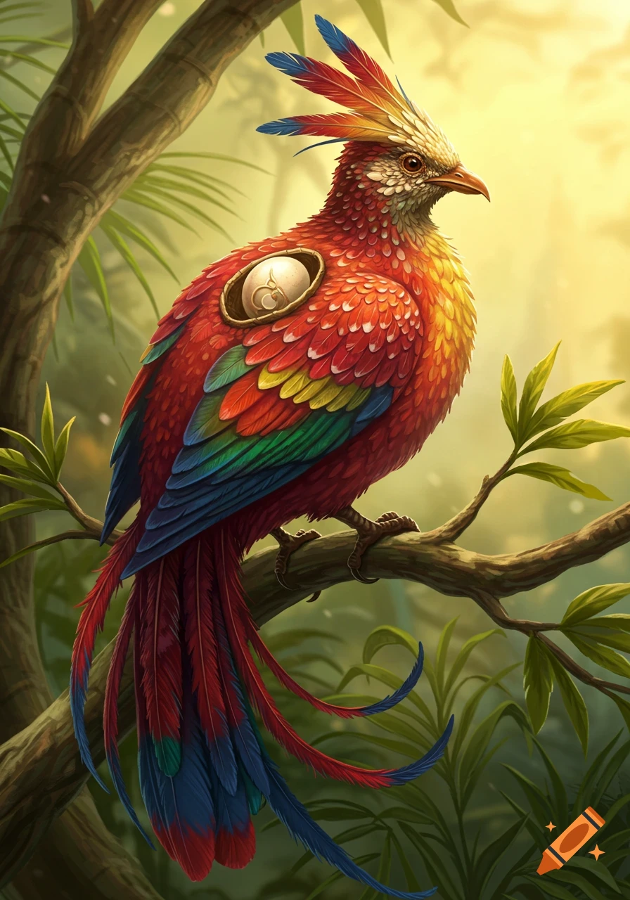 A vibrant, mythical bird with red, yellow, green, and blue feathers perches on a jungle branch, an ornate egg on its back.