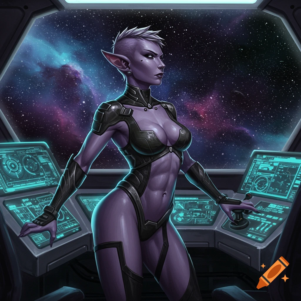 A purple-skinned, elf-eared female pilot in a sleek, dark sci-fi suit stands in a spaceship cockpit, looking out at a nebula.
