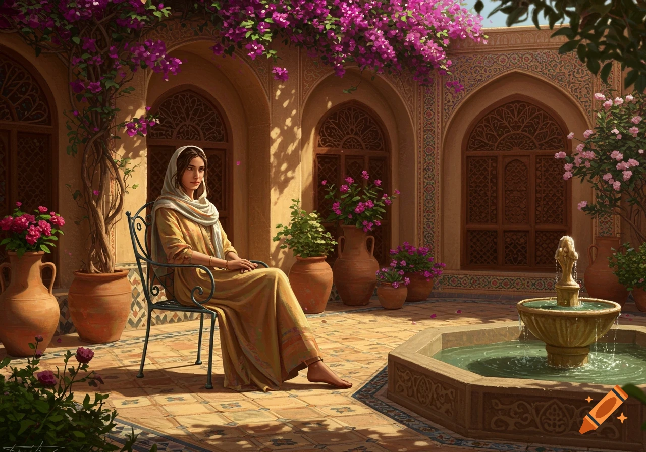 A woman in a headscarf and flowing dress sits in a sunlit ornate courtyard with a fountain and purple bougainvillea.
