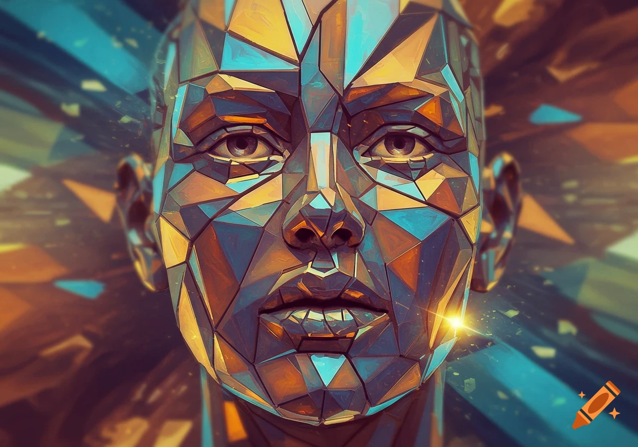 A geometric, faceted human face in blue and gold tones, digital art style.