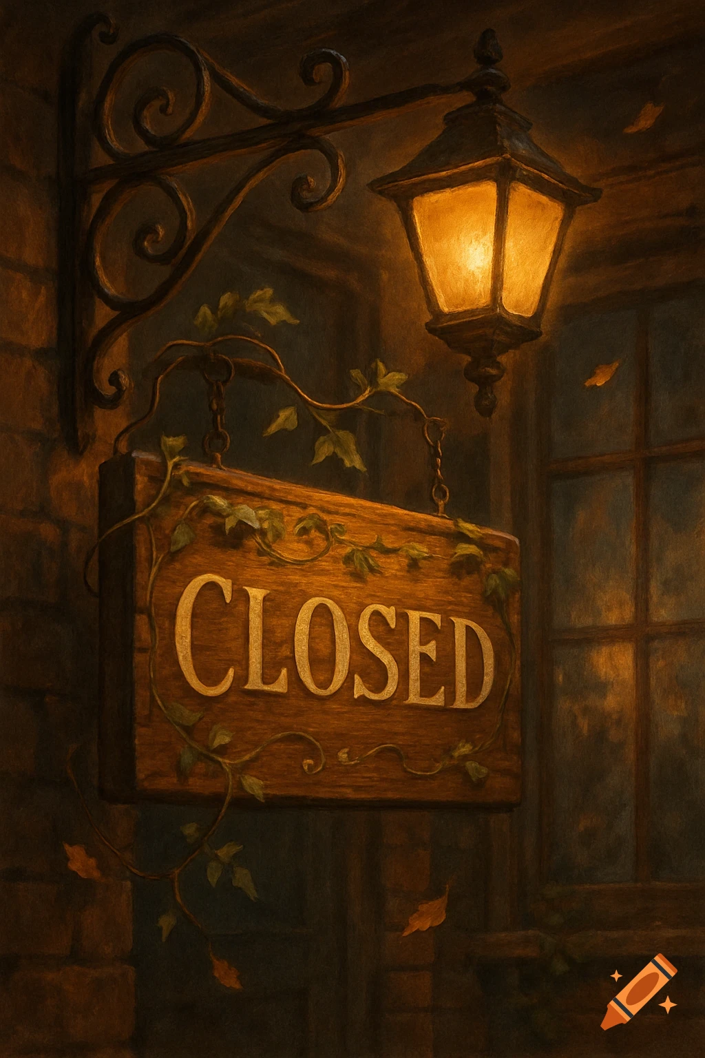 An illustrated wooden "CLOSED" sign with ivy, hanging under a glowing lantern on a brick wall at night.