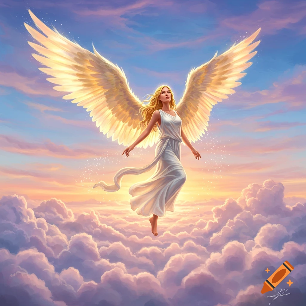 A radiant blonde angel in a white gown with golden wings floats above clouds at sunset in a vibrant digital painting.