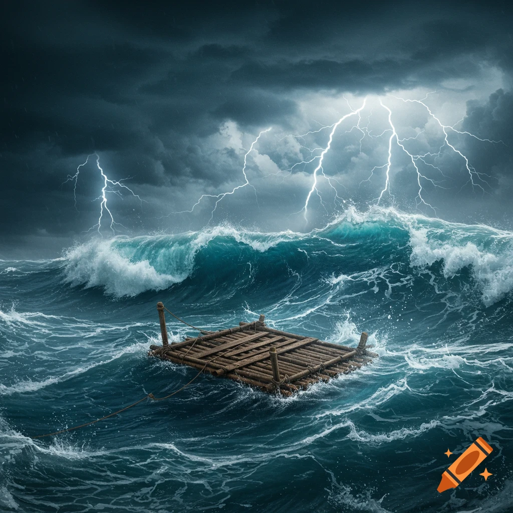 A wooden raft floats precariously in a stormy, dark ocean with large waves and bright lightning strikes.
