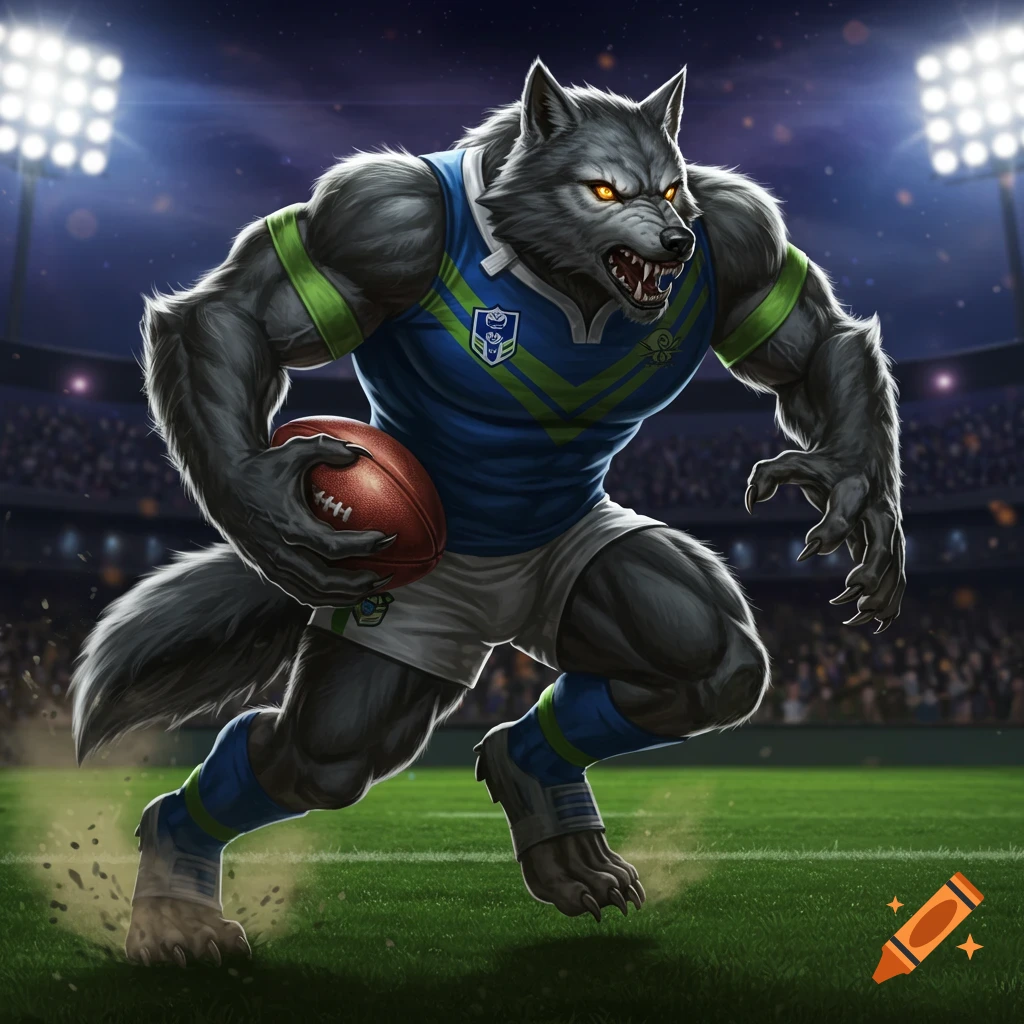 A muscular werewolf wearing a blue and green rugby jersey and white shorts runs on a grass field in a stadium at night, holding a rugby ball.