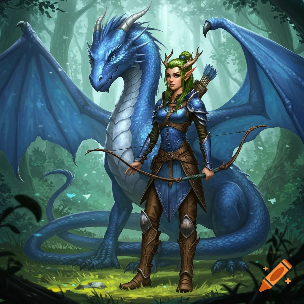 A female wood elf in blue armor with a bow stands beside a large blue dragon in a magical forest.