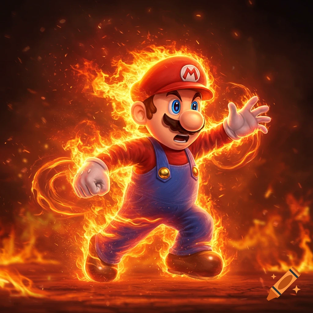 Mario in his iconic red and blue outfit, surrounded by bright orange flames, running with an intense expression. Stylized art.