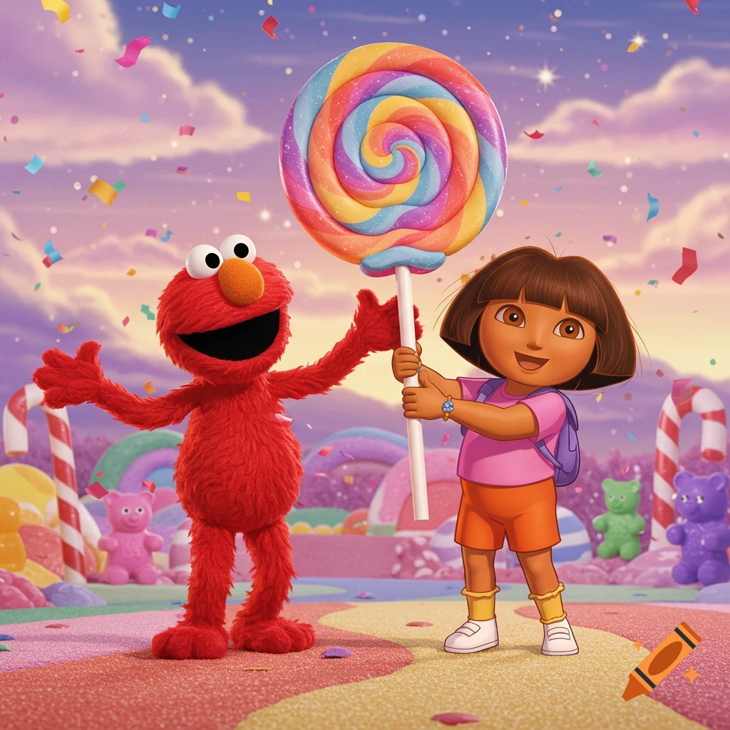 Animated Elmo and Dora the Explorer in a vibrant candy land, with Dora holding a giant rainbow lollipop as confetti falls.