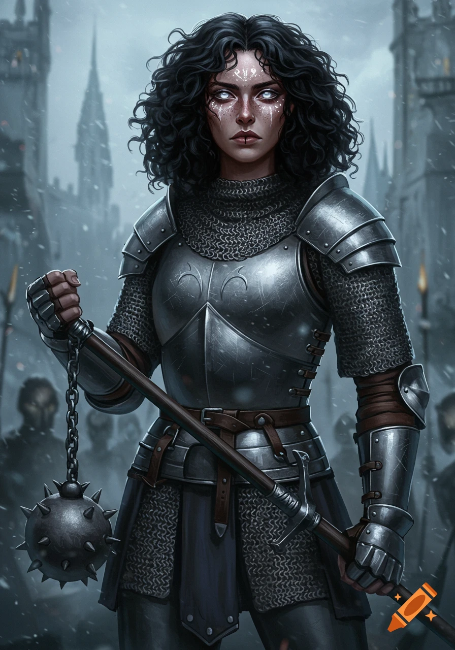 A dark-haired woman warrior in plate and chainmail armor holds a mace in a snowy castle courtyard.