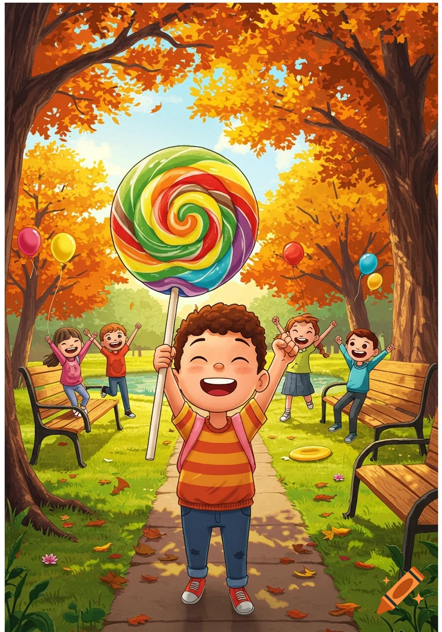 A happy cartoon boy holds up a giant rainbow lollipop in an autumn park, surrounded by cheering children and colorful trees.