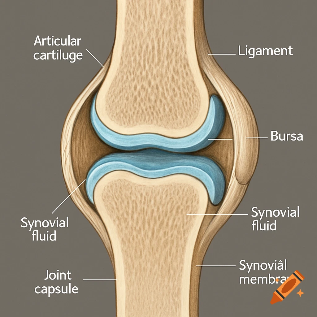 Detailed diagram of a synovial joint showing articular cartilage, ligaments, synovial fluid, bursa, joint capsule, and synovial membrane.