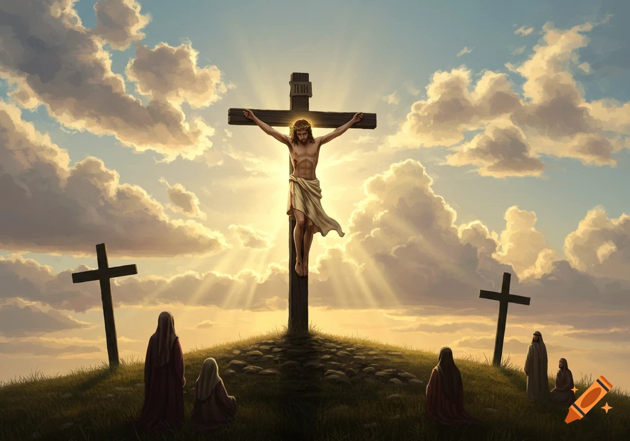 Jesus Christ on the central cross, flanked by two other crosses, with mourning figures below, under a dramatic, ray-filled sky.