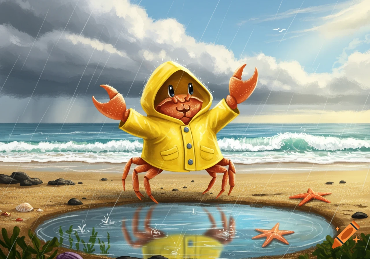 A happy cartoon crab in a yellow raincoat stands on a rainy beach with outstretched claws, reflected in a puddle.
