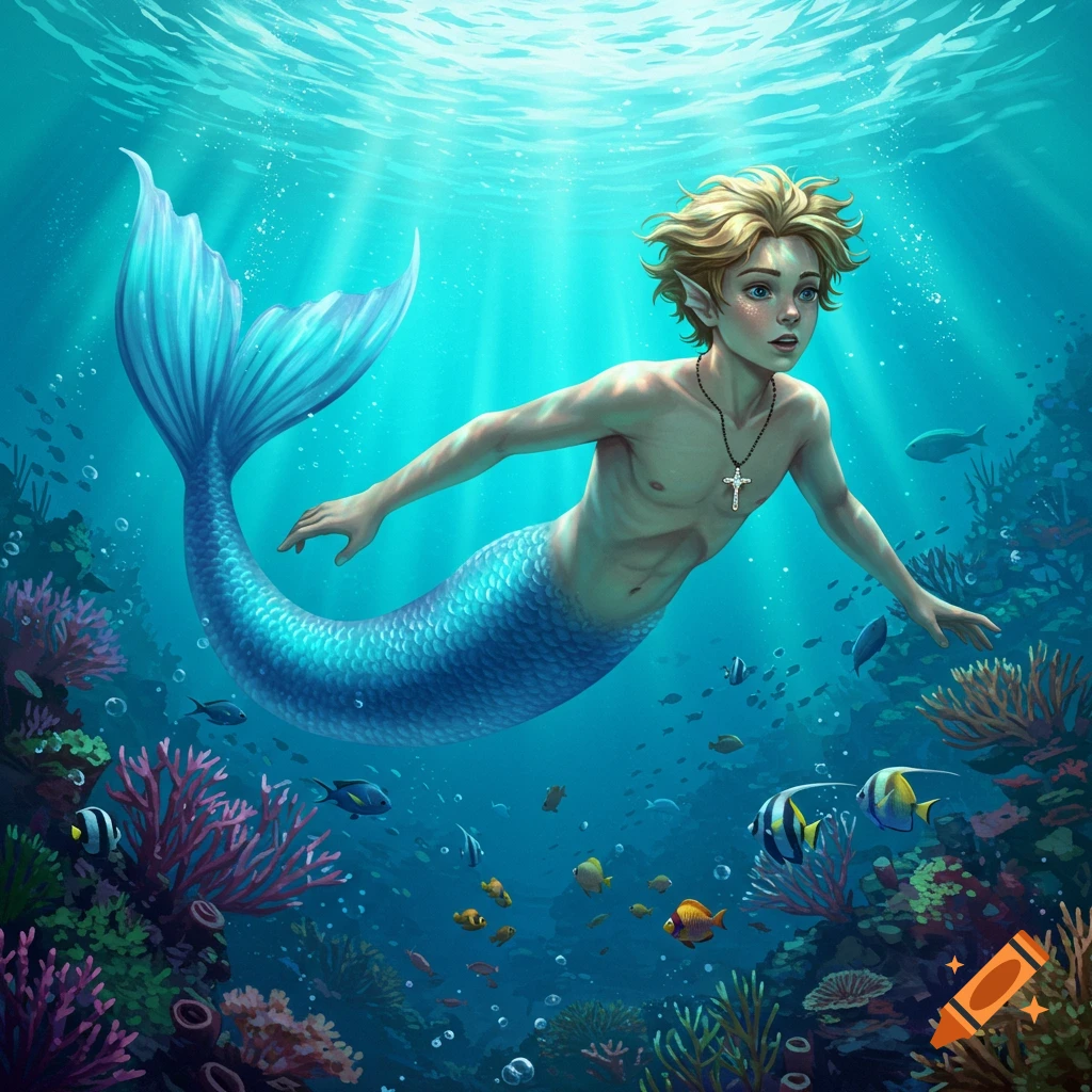 A young merboy with shaggy blonde hair and a blue scaled tail swims through a vibrant coral reef, wearing a cross necklace.