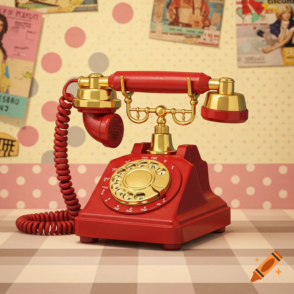 A vibrant red vintage rotary telephone with gold accents sits on a checkered tablecloth against a polka-dot wall with old posters, in a photorealistic style.