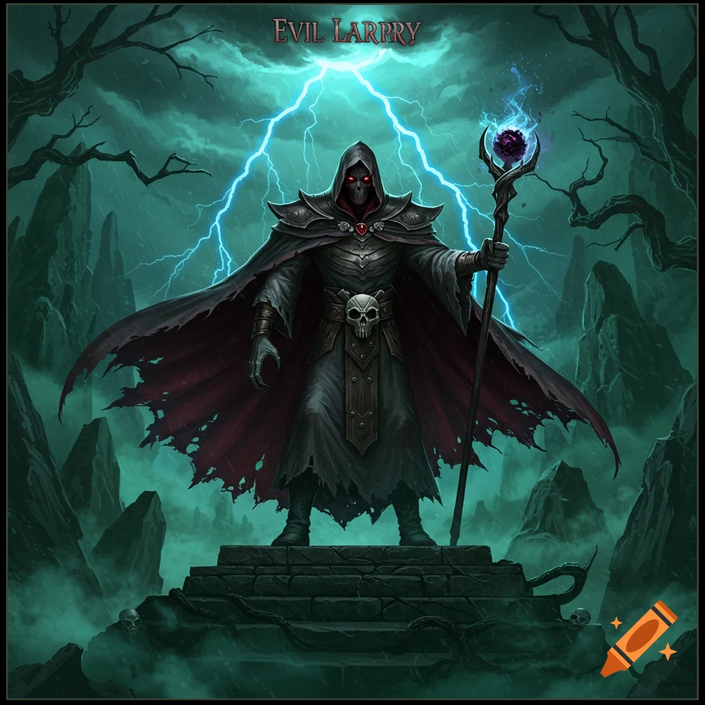 A dark sorcerer in a tattered cloak holding a glowing staff, standing on a stone platform with lightning in a misty, desolate landscape.