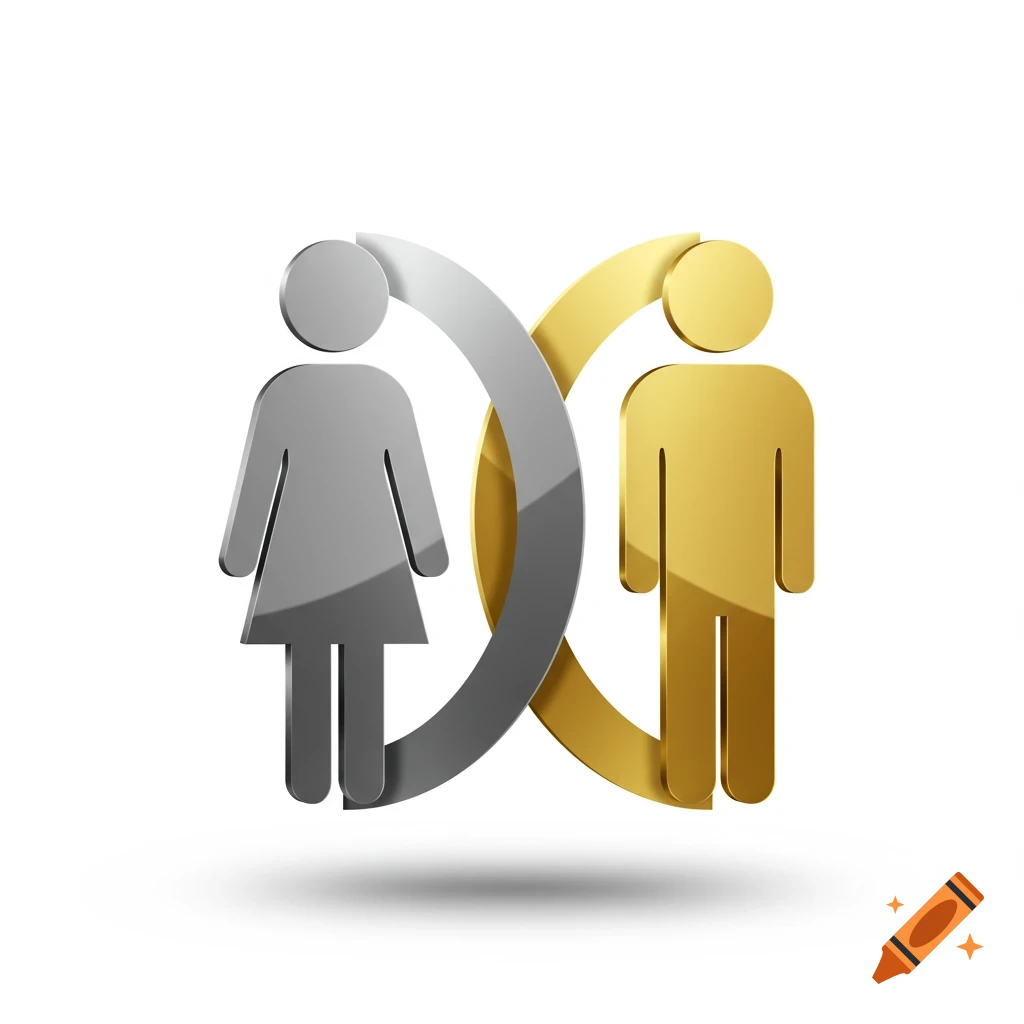 3D rendering of a silver female pictogram interlocking with a gold male pictogram on a white background.