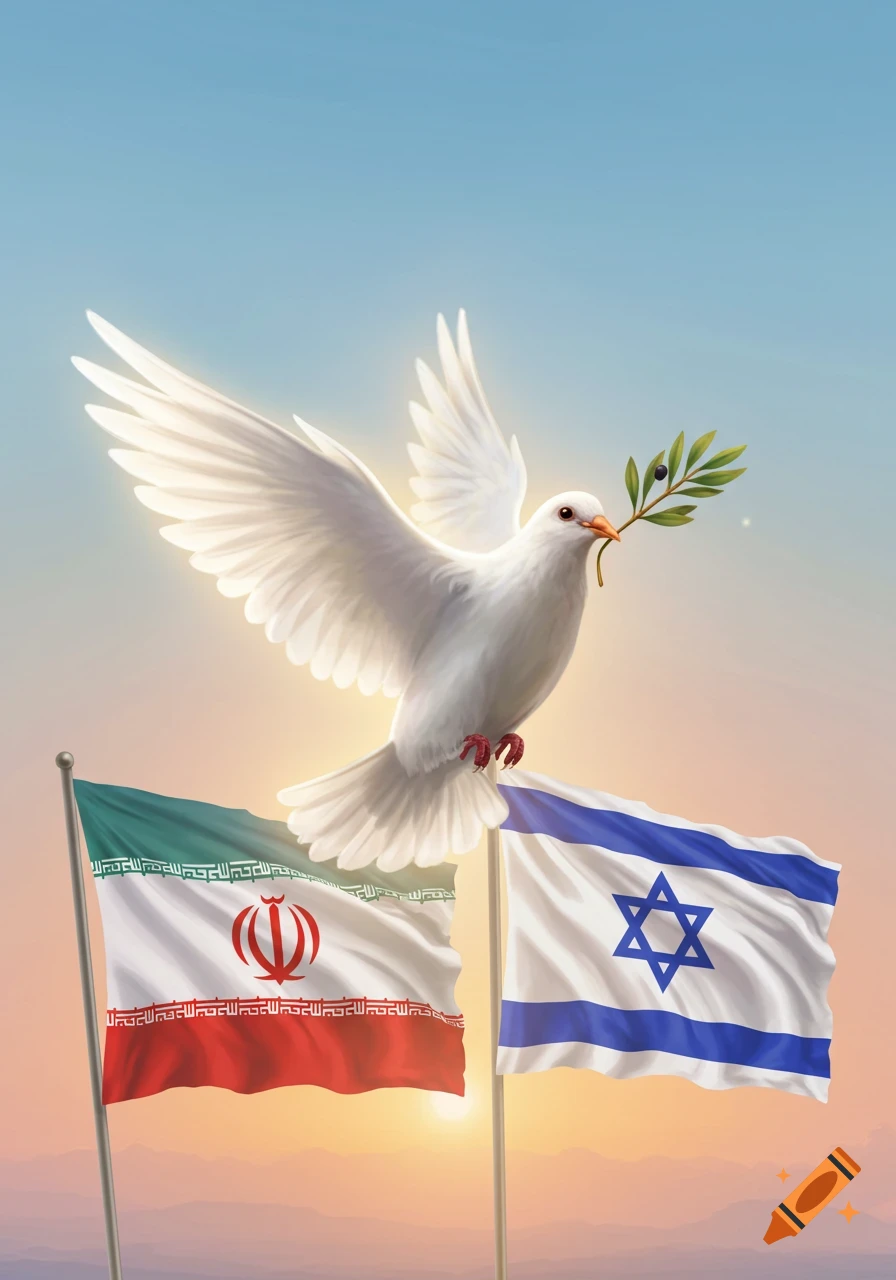 White peace dove with an olive branch flies over the Iranian and Israeli flags against a sunset sky, symbolizing peace.