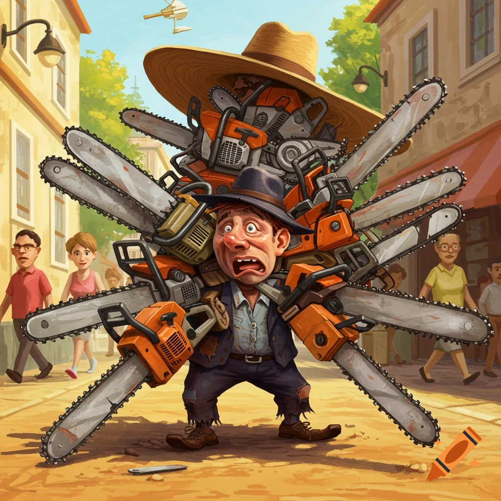 A cartoon man, overwhelmed by numerous chainsaws strapped to him, looks terrified while wearing an oversized hat on a town street.