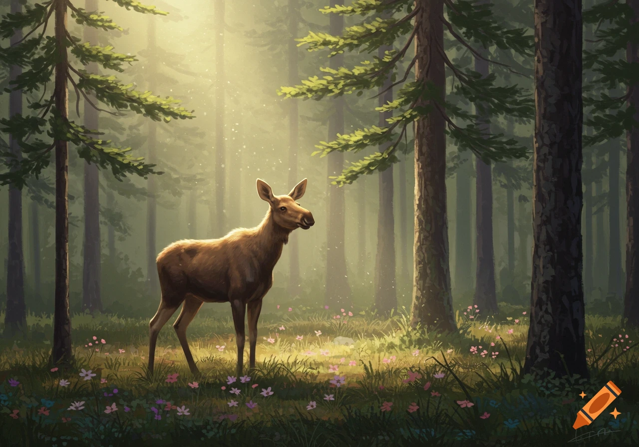 A brown moose-like animal stands in a sunlit forest clearing with scattered pink flowers, painted in a soft, illustrative style.