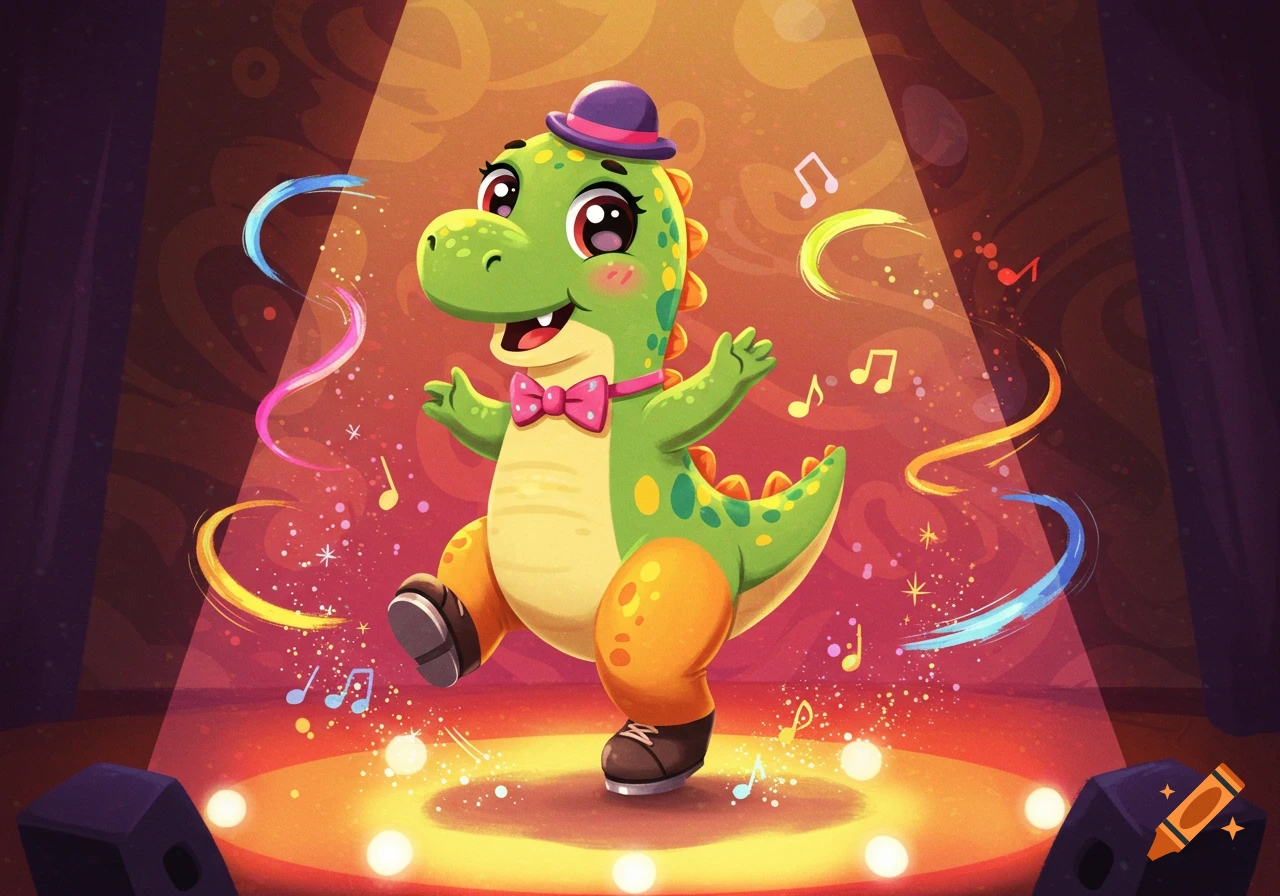 A happy cartoon green dinosaur in a purple hat and pink bow tie tap dances on a spotlighted stage with musical notes and sparkles.