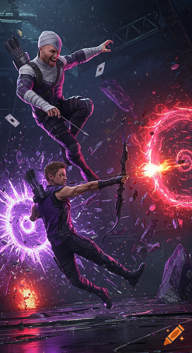 Hawkeye and Bullseye battle mid-air in a cosmic arena, surrounded by purple and red energy blasts and flying debris.