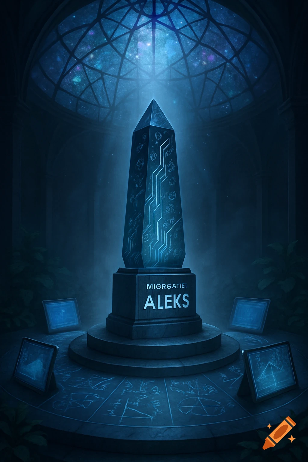 A glowing blue obelisk stands in a dark, atmospheric shrine room with a starry dome ceiling. Text "MIGRATIEI ALEKS" is on its base, with glowing screens on the floor.