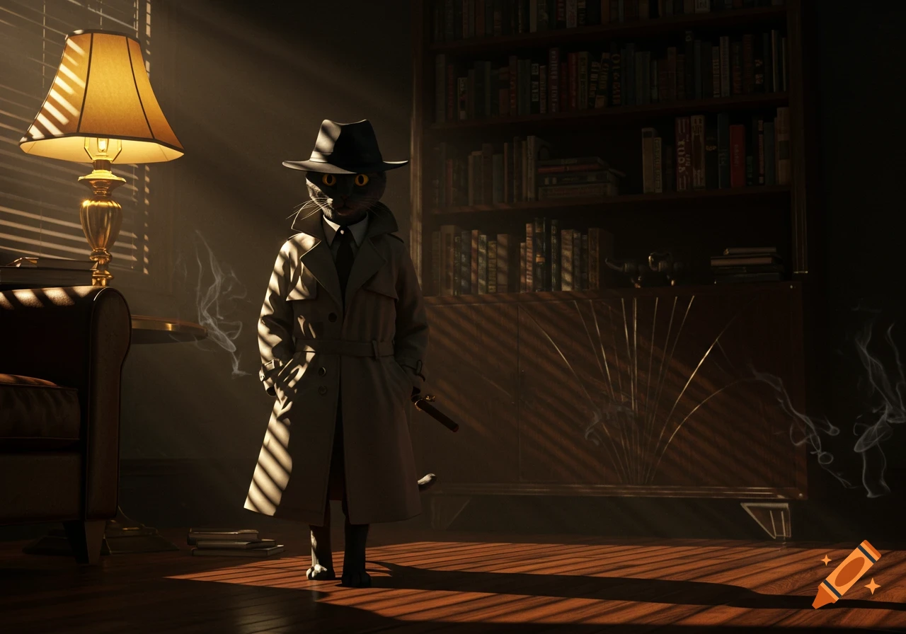 A black cat detective in a trench coat and fedora stands in a dimly lit, noir-style room with striped light.