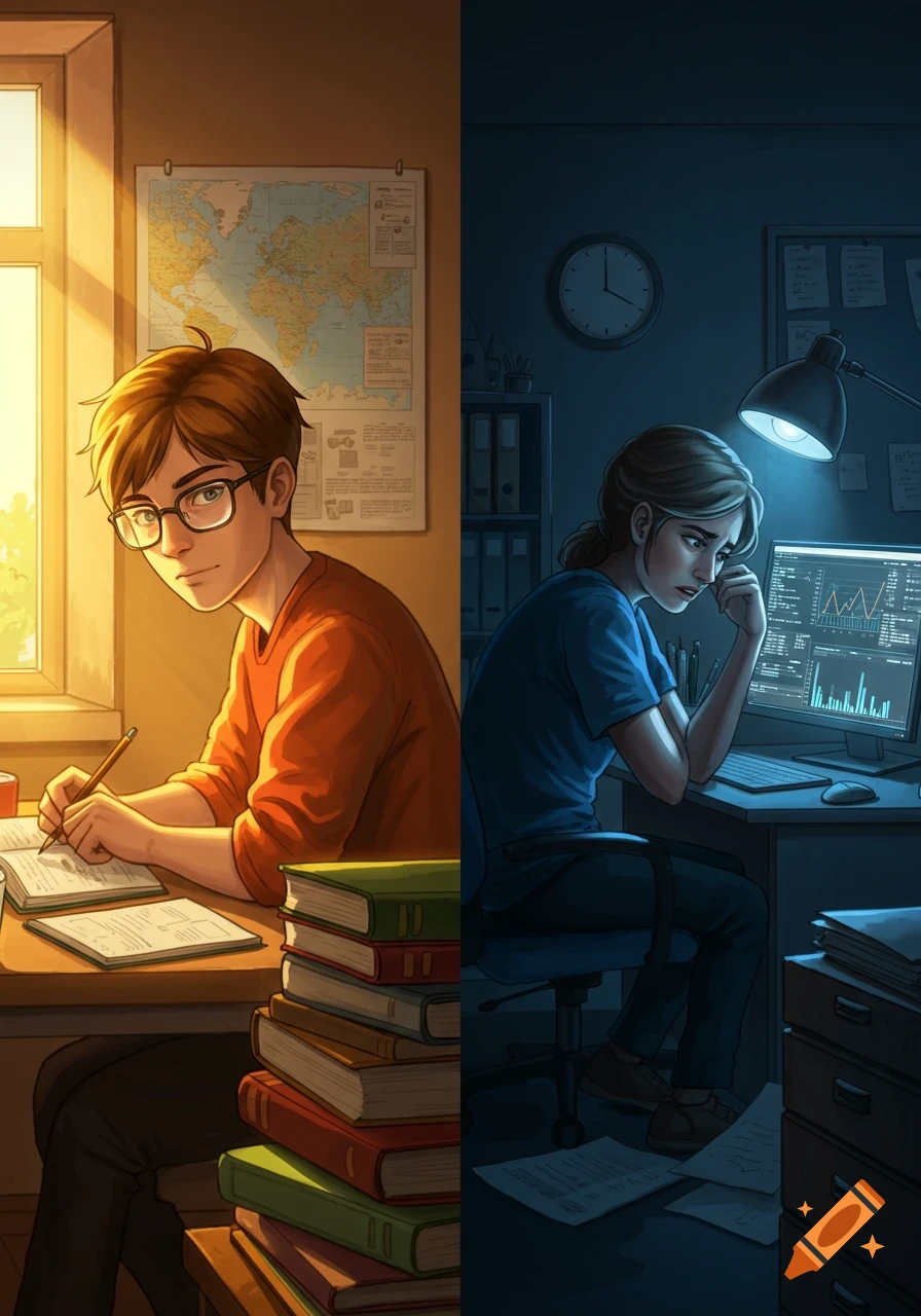 An illustration of a split scene: a determined male student studies by daylight on the left, an anxious female student works on a computer at night on the right.