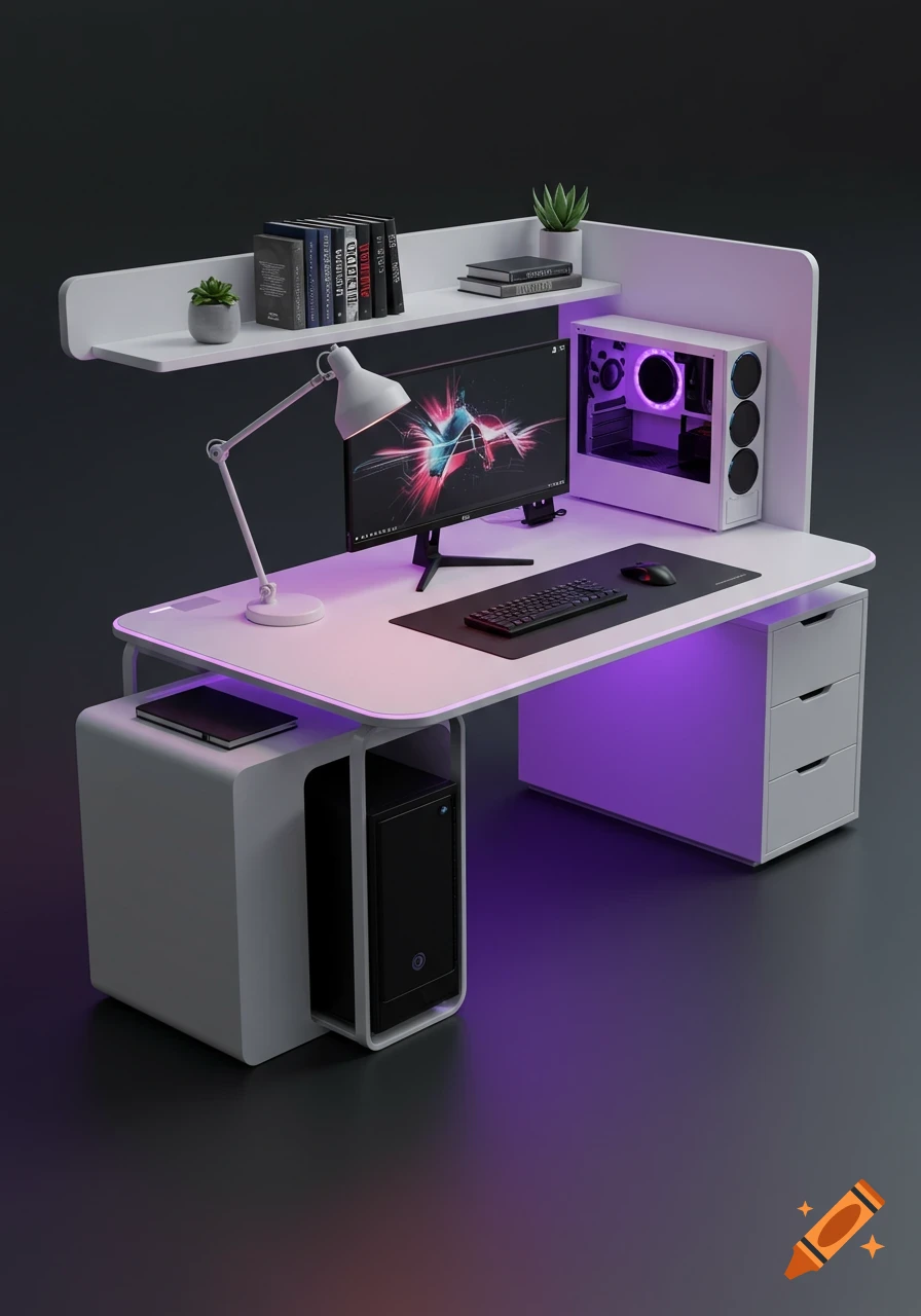 Modern white computer and study desk with purple RGB lighting, monitor, PC tower, keyboard, mouse, books, and plants.