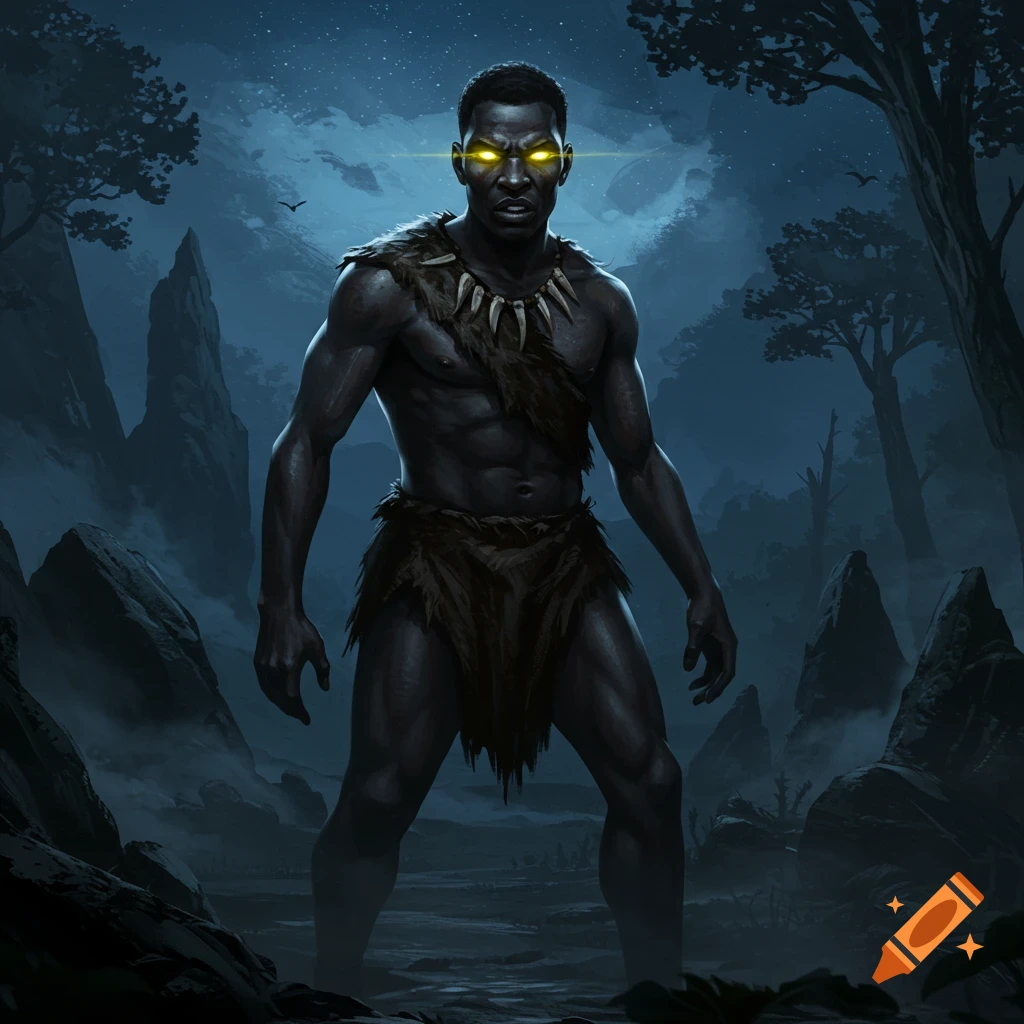 A dark-skinned man with glowing yellow eyes, wearing fur clothing and a bone necklace, stands in a dark, moonlit forest, digital painting.