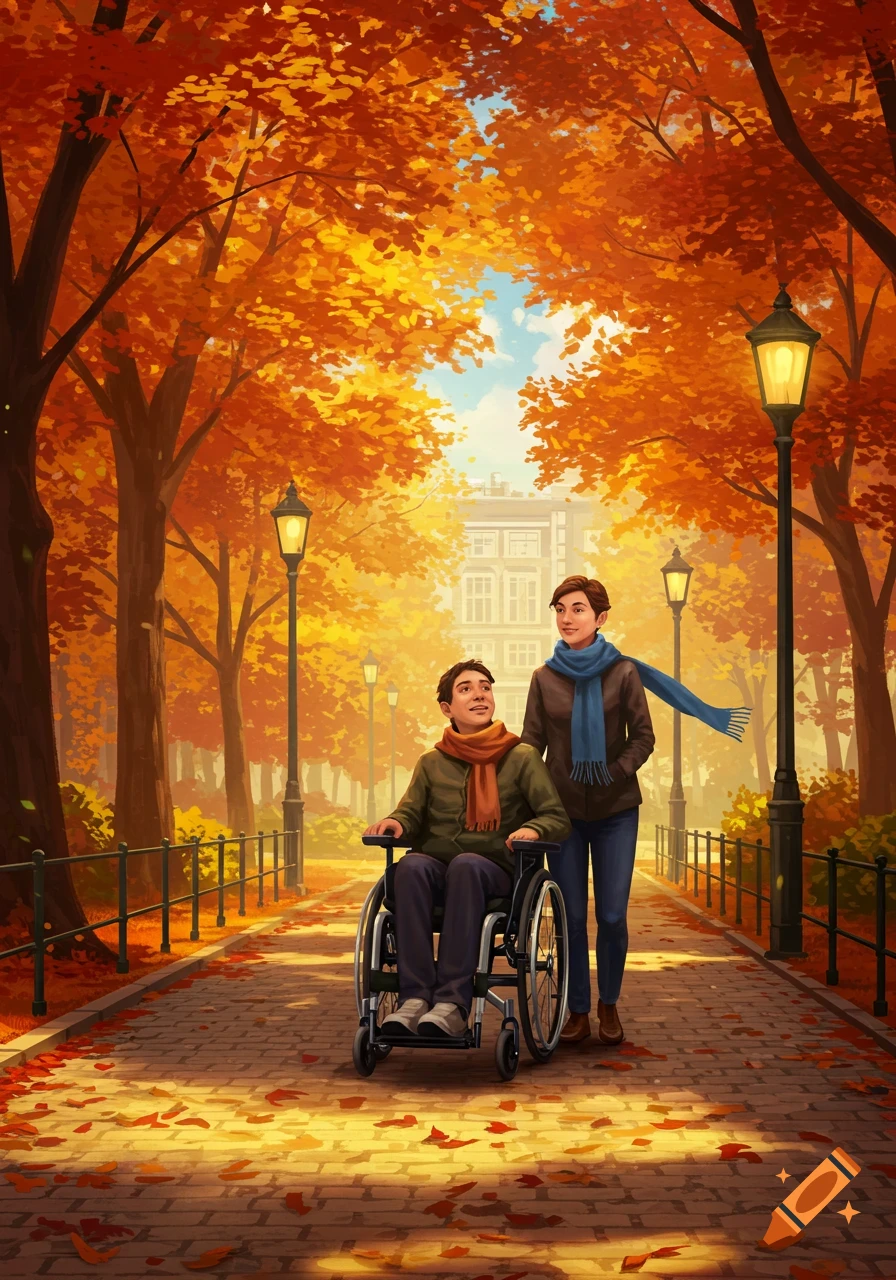 Illustration of a person in a wheelchair being pushed by another person on an autumn park path with orange trees.