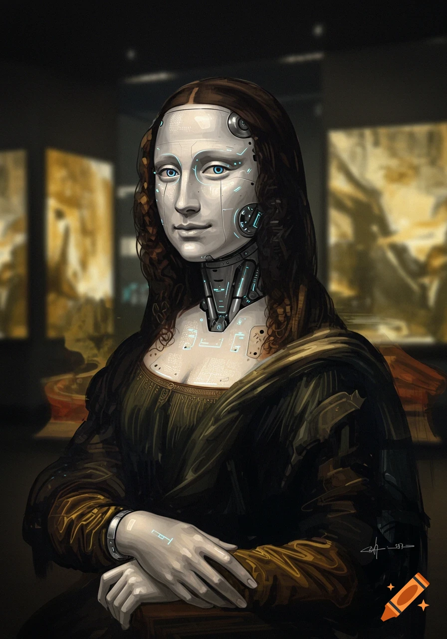 A futuristic portrait of the Mona Lisa as a detailed robot, with glowing blue accents and metallic skin.