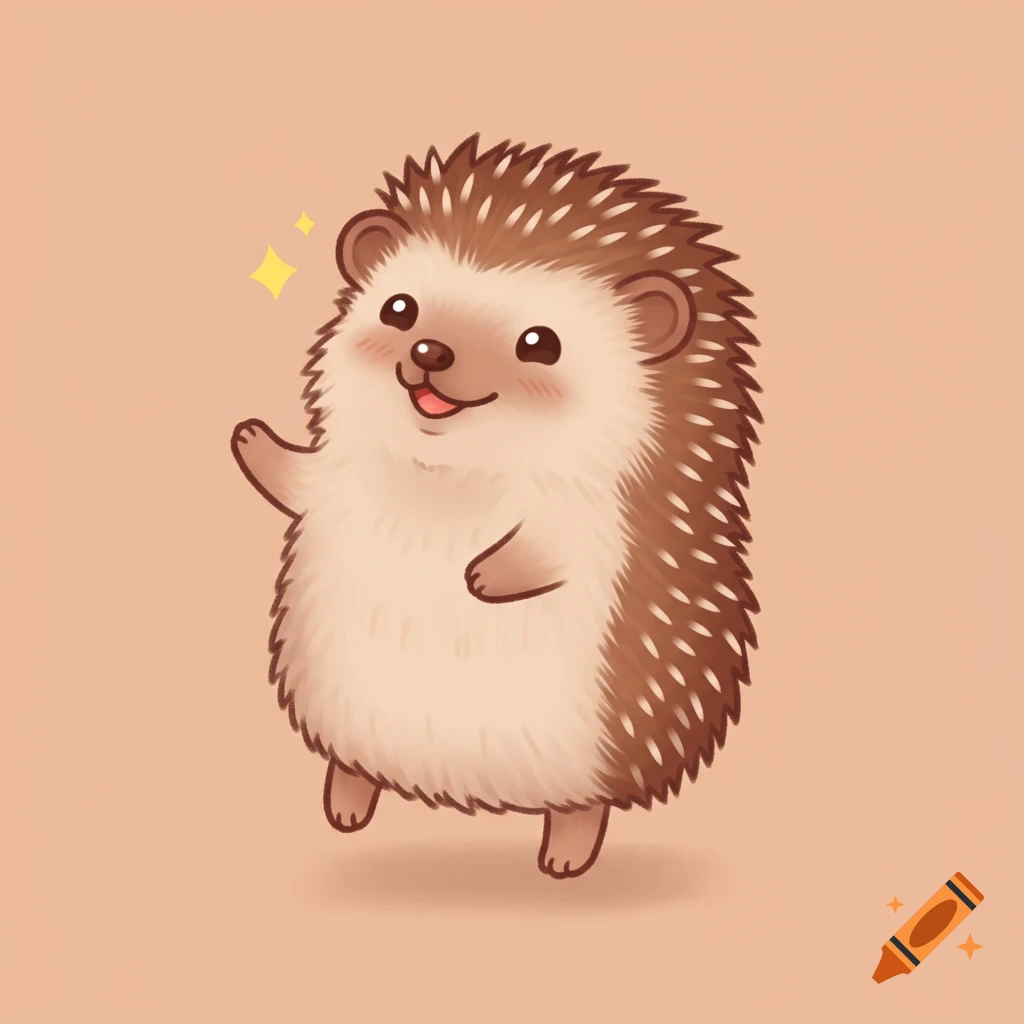 A cute, smiling cartoon hedgehog with brown quills and a light-colored belly, standing and waving with one paw, against a peach background.