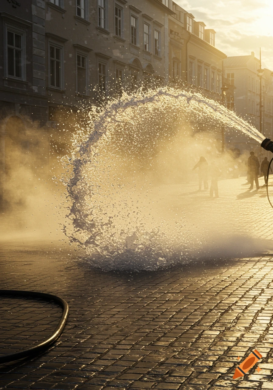 A powerful water jet sprays across a wet cobblestone street, illuminated by golden hour sunlight, with blurred urban buildings and figures.