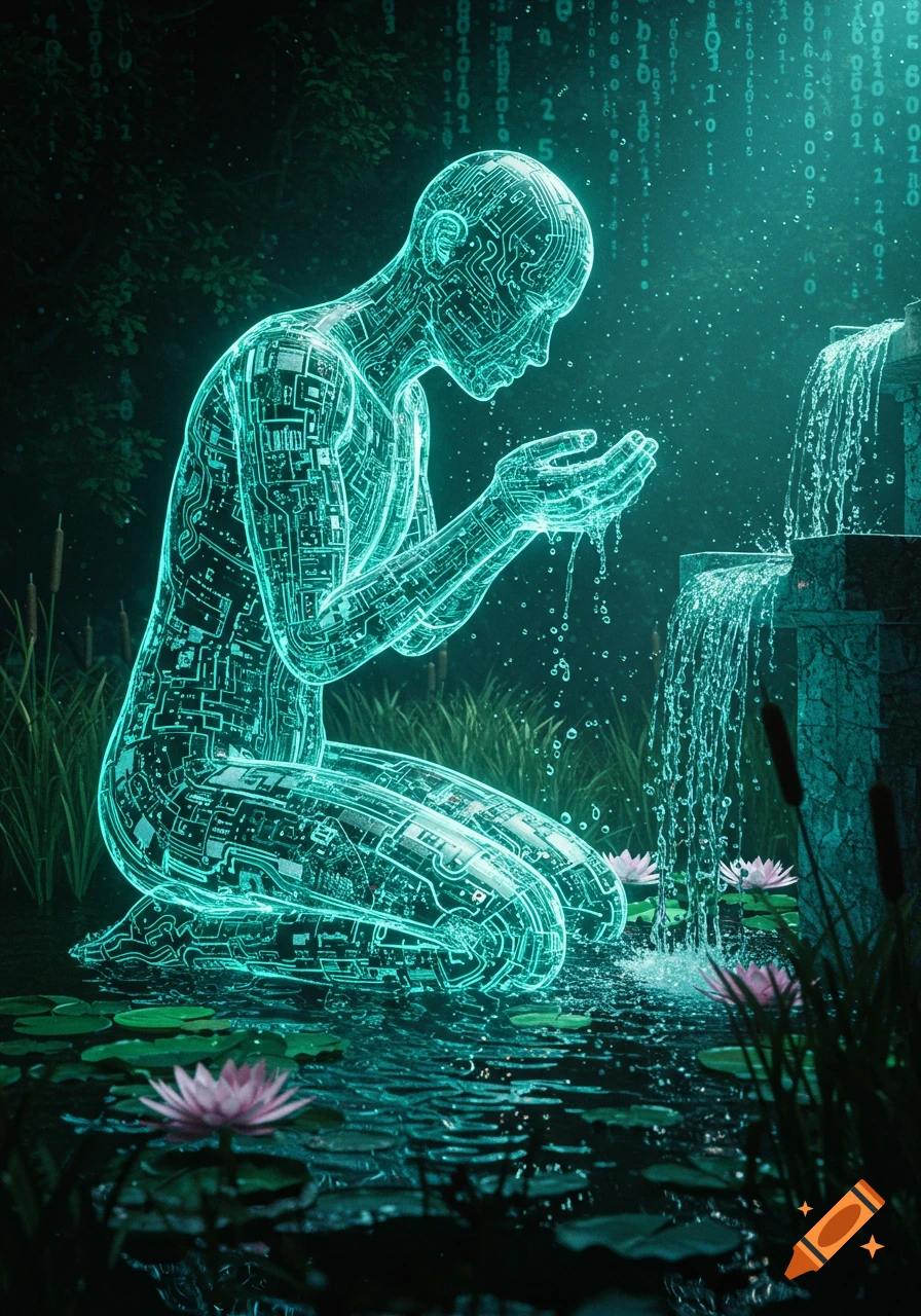 A glowing teal circuit board figure kneels in a dark pond with lily pads, catching water from a small waterfall. Binary code streams in the background.