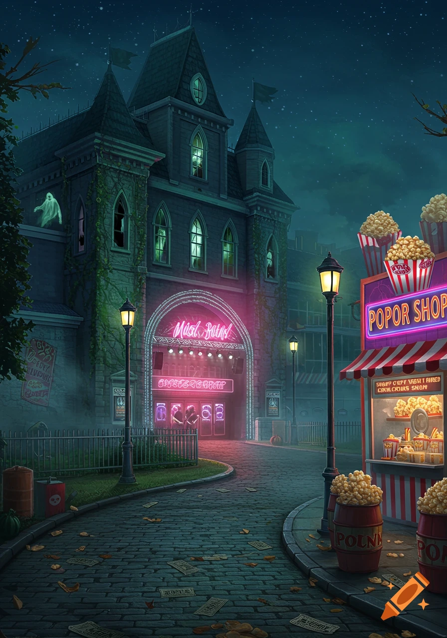 A spooky, cartoonish haunted mansion with a glowing pink neon sign entrance, next to a popcorn shop at night, under a star-filled sky.